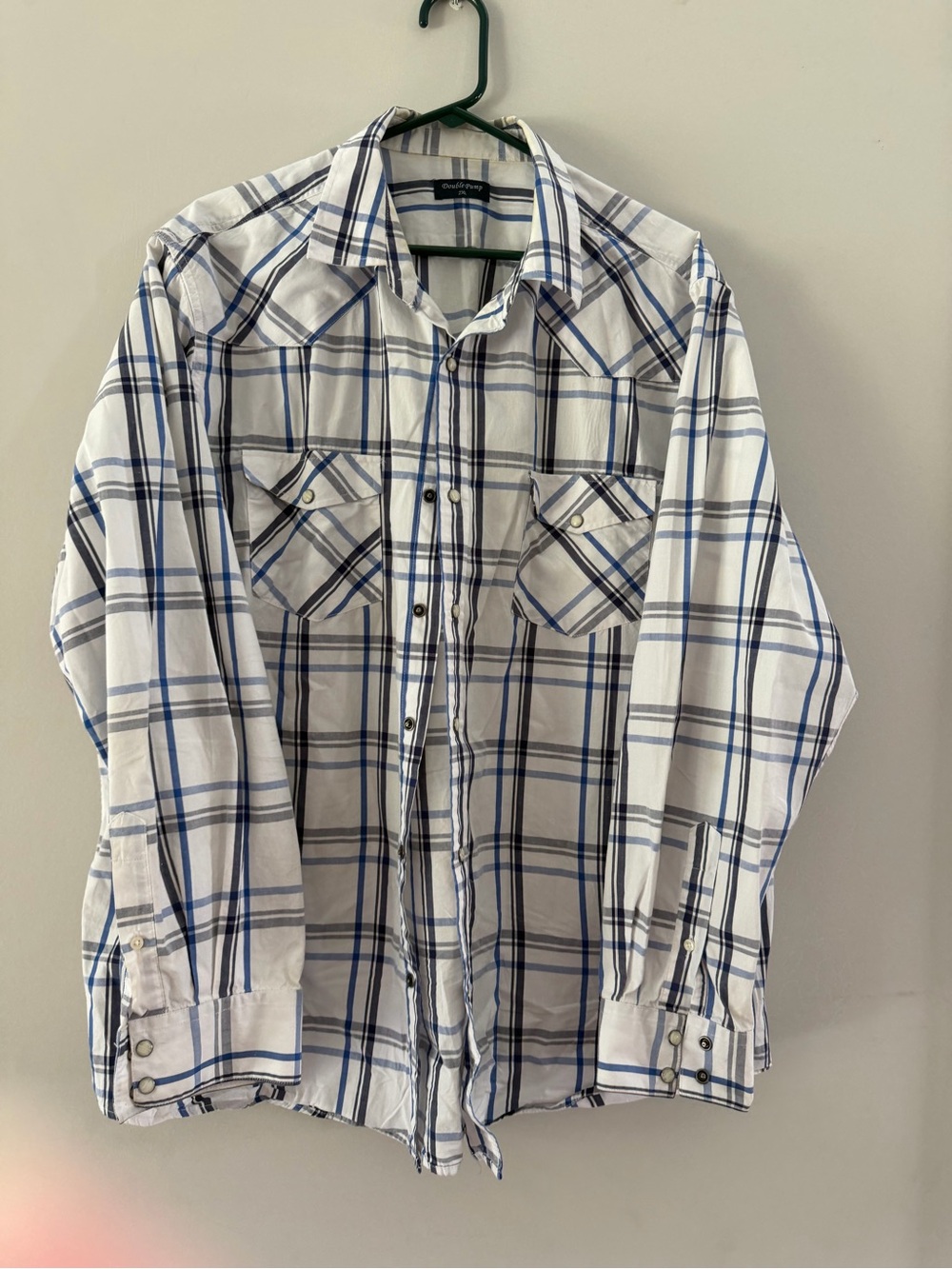 Men's White & Blue Plaid Button-Down Shirt by Double Pump